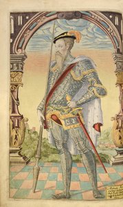 Alphonso XI, King of Castile and Leon, fra Honor Military, and Civil, William Segar, pub. Robert Barker, London, 1602 (håndfarget gravering)
