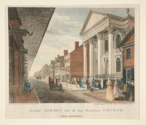 High Street, med First Presbyterian Church, Philadelphia av William Russell Birch