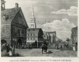 Second Street North fra Market Street og Christ Church, Philadelphia, tegning av William Russell Birch (1755-1834), trykt av R Campbell, USA