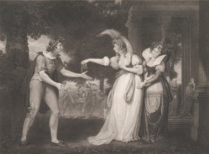 Før hertugens palass-Rosalind, Celia, Orlando, hertugen..., først utgitt 1800, gjenutgitt 1852. av William Satchwell Leney