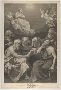 Kirkens leger konsulterer bøker og dokumenter og tenker på Jomfruen som ..., 1785