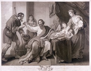 Alfred den store deler brødet sitt med pilegrimen, 1782 av William Sharpe