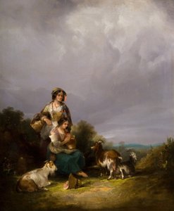 To unge kvinner og geiter i et landskap, 1870.