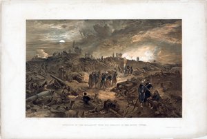 Krimkrigen (1853-1856): episode av beleiringen av Sebastopol (Ukraina), franske tropper blant ruinene etter å ha tatt Malakoff-tårnet, 8. september 1855 (Etter inntakelsen av Malakoff 8. september 1855) - Litografi av William Simpson (18