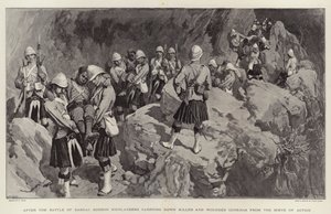 Etter slaget ved Dargai, bærer Gordon Highlanders ned drepte og sårede gurkher fra handlingsscenen