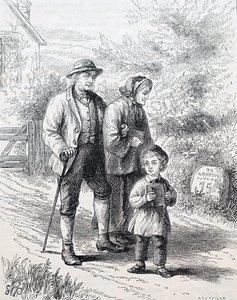 Et eldre ektepar og deres barnebarn. Av William Small (1843-1929), en engelsk illustratør. 1880 (gravering) av William Small
