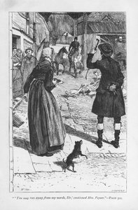 Fru Poyser, kone til Hetty Sorrels bondeonkel, Martin Poyser, sammen med squire Donnithorne, hvis sønn Arthur forførte Hetty. Mrs Poyser er muligens George Eliots mest suksessrike tegneseriefigur. Adam Bede av George Eliot, første gang utgitt 1859. Illustr av William Small