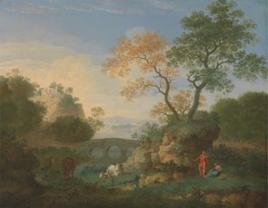 Et landskap med fjerne klassiske ruiner, en bro, figurer og storfe