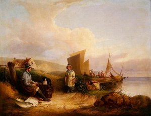 Kystscene med fiskere (olje på lerret) av William Snr. Shayer