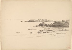 Rocklined strand med fjerne båter av William Stanley Haseltine