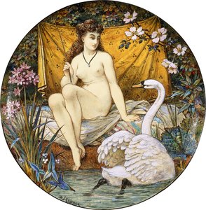 En stor tazza i lertøy fra Minton, som viser Leda og svanen,