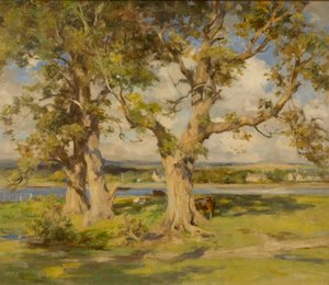 Three Trees by a River (olje på lerret)