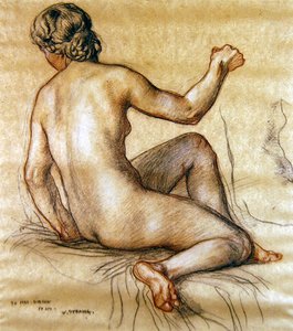 Studie av en naken kvinne sittende bakfra, ca. 1890 (kull, rødt og hvitt kritt på papir)