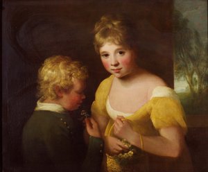 To barn med en kurv med blomster (olje på lerret) av William Tate