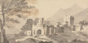 Italiensk landskap med ødelagt slott