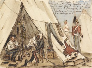 I kavalerileiren ved Devna (ung kornett) ?Jeg sier Charley, tror du nå at i tilfelle vi blir sendt til Sebastopol, vil infanteriet bli pålagt å følge oss?, ca. 1854 (penn og blekk og wc)