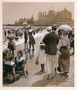 Beach Scene fra Harpers Weekly, pub. 1900 (farget litografi)
