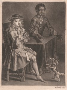 To unge menn, den ene spiller blokkfløyte, den andre peker på en dansende hund av William Vincent