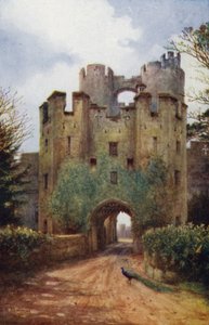 Warwick Castle: Drawbridge og Portcullis (farge litho)