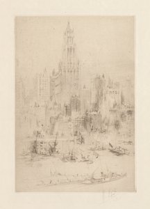Downtown Manhattan fra East River, med Woolworth Building av William Walcot