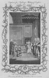 Hertugen av Queensberry og Dover presenterer unionsloven til dronning Anne, 1773.