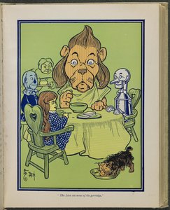 «Løven spiste litt av grøten», illustrasjon fra «Den fantastiske trollmannen fra Oz» av Lyman Frank Baum av William Wallace Denslow