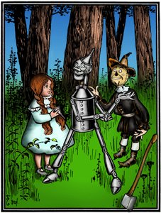 The Wizard of Oz: tegning av Denslow, William Wallace (1856-1919) for den første utgaven i 1900 av Frank Baums bok (1856-1919) - Dorothee (Dorothy) assistert av fugleskremselet, hjalp blikktømmeren -