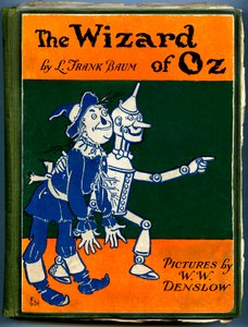 The Wonderful Wizard of Oz - The Wizard of Oz: omslag til en gammel utgave (mellom 1905 og 1920) illustrert av Denslow, William Wallace (1856-1915) av Frank Baums bok (1856-1919) - fugleskremselet og tremannen i tinn - privat samling - av William Wallace Denslow