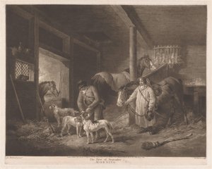 Jegere i stallen gjør dyrene klare Den første september, morgen (tittel på objekt) av William Ward