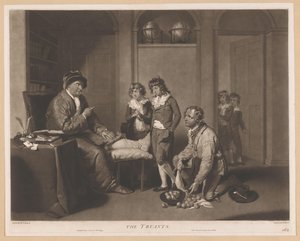 Mann skjenner ut barn og en knelende mann med pærer The Truants (tittel på objekt) av William Ward