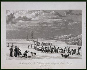 Mannskapene til H.M.S. Hecla und Griper skjærer inn i Winter Harbour, 26. september 1819, fra «Journal of a Voyage for the Discovery of a North West Passage from the Atlantic to the Pacific» utført i t.