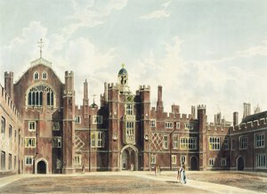 Utsikt over firkanten ved Hampton Court Palace fra Pynes 'Royal Residences' gravert av Thomas Sutherland (f.v.t. 1785), utgitt i 1819 av William Westall