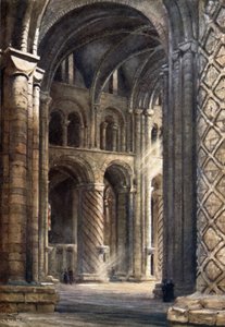 Durham, interiøret i katedralen ser over skipet inn i South Transept (farge litho)