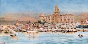 Malaga, utsikt fra havnen (farge litho) av William Wiehe Collins
