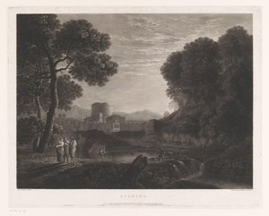 Landskap med port og tårn på bredden av en elv Kveld (tittel på objekt) av William Woollett