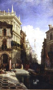 En Capriccio-utsikt over Venezia med en prinsesse som blir vist til en gondol på baksiden av Scuola di San Marco av William Wyld