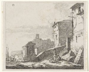 Utsikt over en landsby ved en havn av William Young Ottley (possibly)