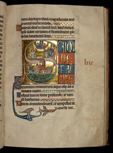 Ms 322 f.67r, Salme 68, initial S, Jonas ber til Kristus ved hans utgang fra hvalen og Jonah kastet til hvalen, illustrasjon fra 