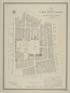 Kart over sognet St. Paul, Covent Garden, som viser stedet for Bedford House og eiendommen, utgitt av W.P. Metchim, 1686 av Willian Leybourn