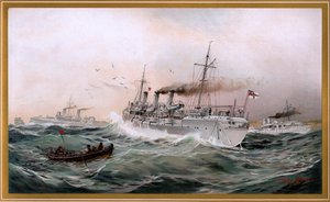 Kaiserliche Marine Griffin, Meteor og Jagd ser ut på brystbyen, kromo-litografi av Willy Stöwer 1894, nr9 fra G. Wislicenus, Unsre Kriegsmarine.