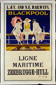 Blackpool, L.& Y. og N.E. Jernbaner, ca. 1930 (litografi i farger) av Wilton Williams