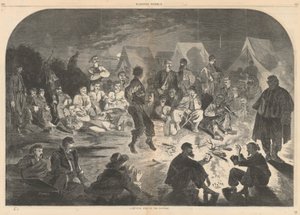 En bivuakkbrann på Potomac; fra Harper av Winslow Homer