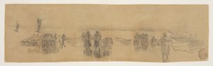 Strand med fire fiskebåter, Cullercoats, England av Winslow Homer