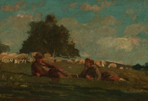 Gutt og jente på en åker med sauer av Winslow Homer