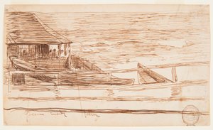 Tegning, Hus ved et rekkverk med strandede dorier, Cullercoats, England, 1881 av Winslow Homer
