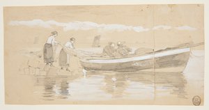 Fisker og kvinner som stuver garn i en strandet dory, Cullercoats, England av Winslow Homer