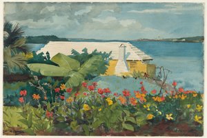 Blomsterhage og bungalow, Bermuda av Winslow Homer