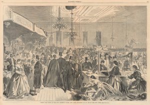 Stor messe gitt på byens forsamlingslokaler, New York, desember 1861, til hjelp for byens fattige; fra Harper av Winslow Homer