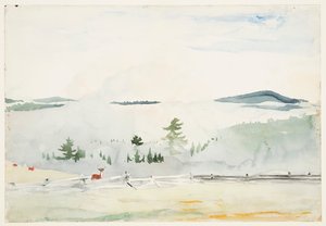 Landskap med hjort i en morgendis av Winslow Homer