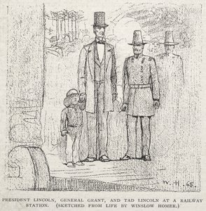 President Lincoln, general Grant og Tad Lincoln på en jernbanestasjon av Winslow Homer